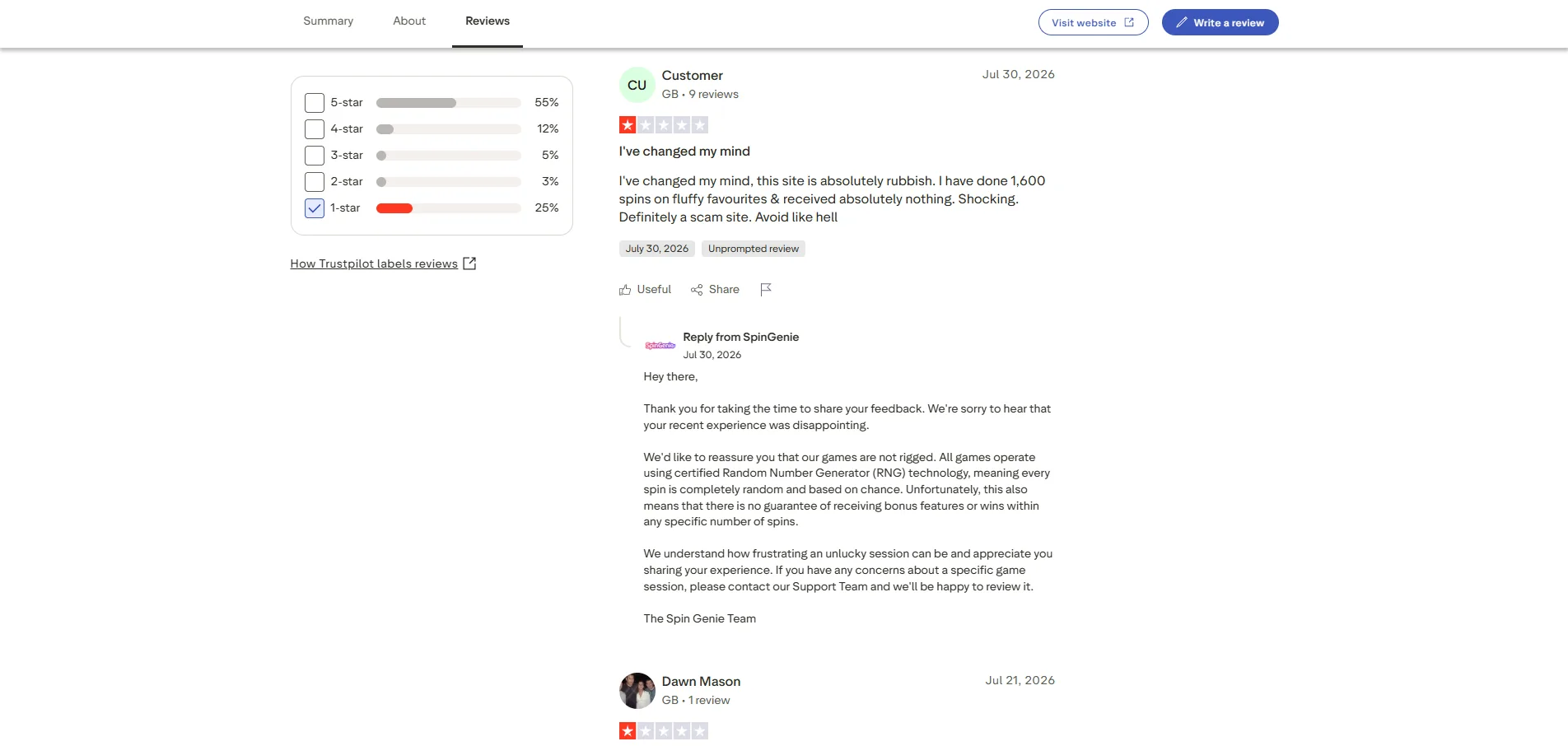 Screenshot of Spin Genie's negative Trustpilot review