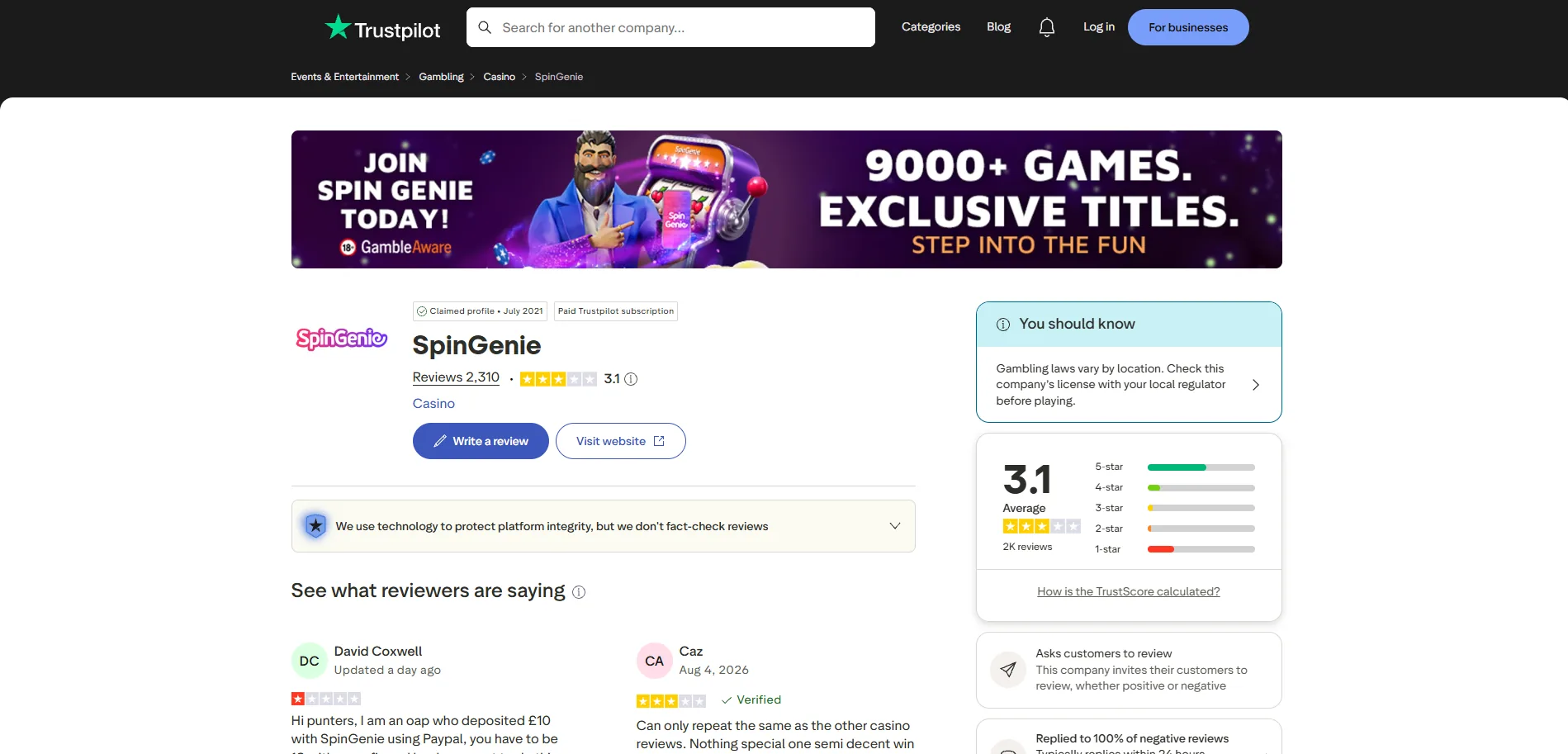 Screenshot of Spin Genie's Trustpilot rating overview