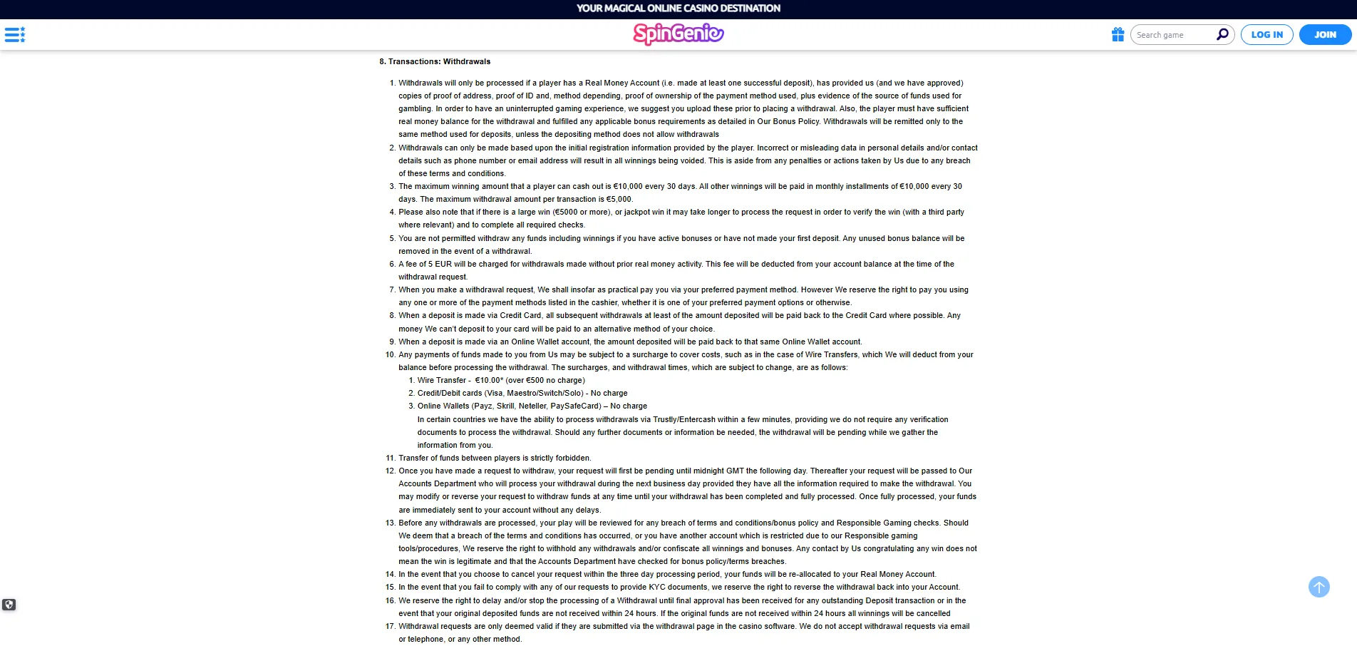 Screenshot of Spin Genie's withdrawal section and limits