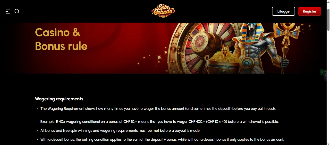 Screenshot of Spin Grande's bonus terms and wagering requirements