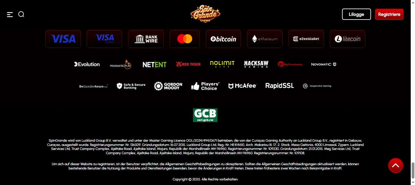 Screenshot of Spin Grande's footer licence and regulator details