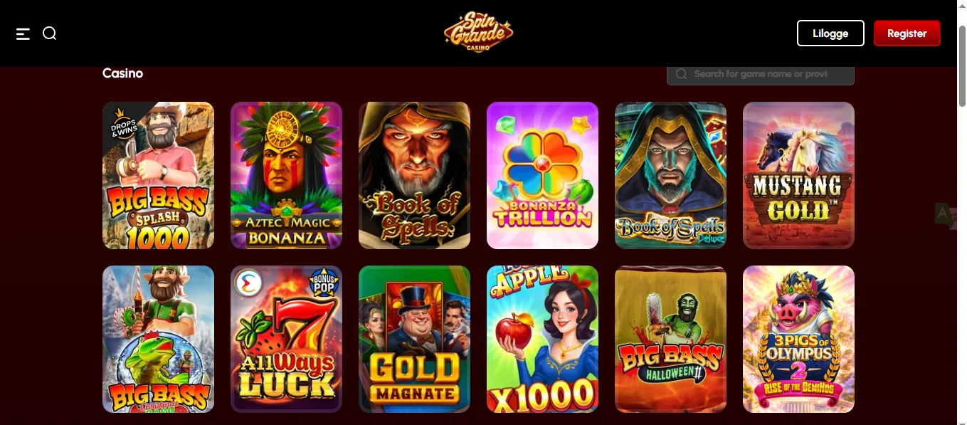 Screenshot of Spin Grande's games lobby