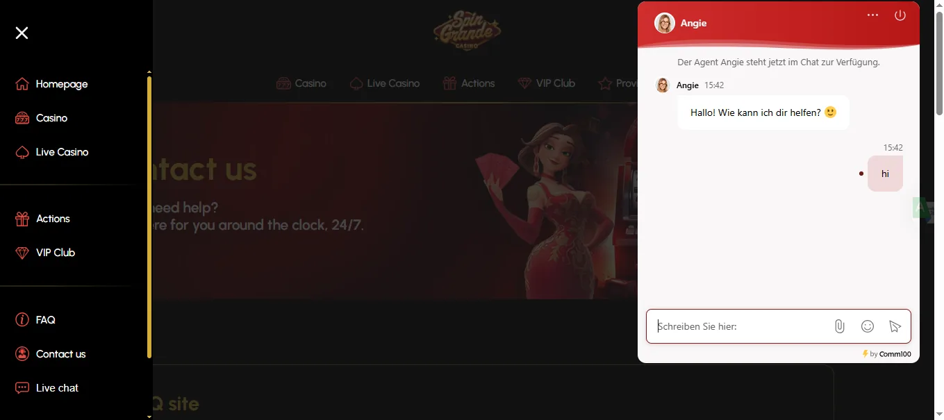 Screenshot of Spin Grande's live chat support window