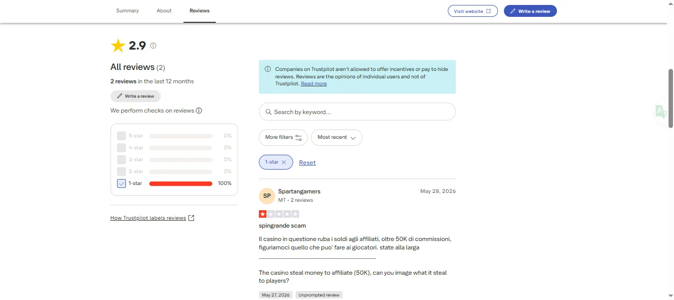 Screenshot of Spin Grande's negative Trustpilot review