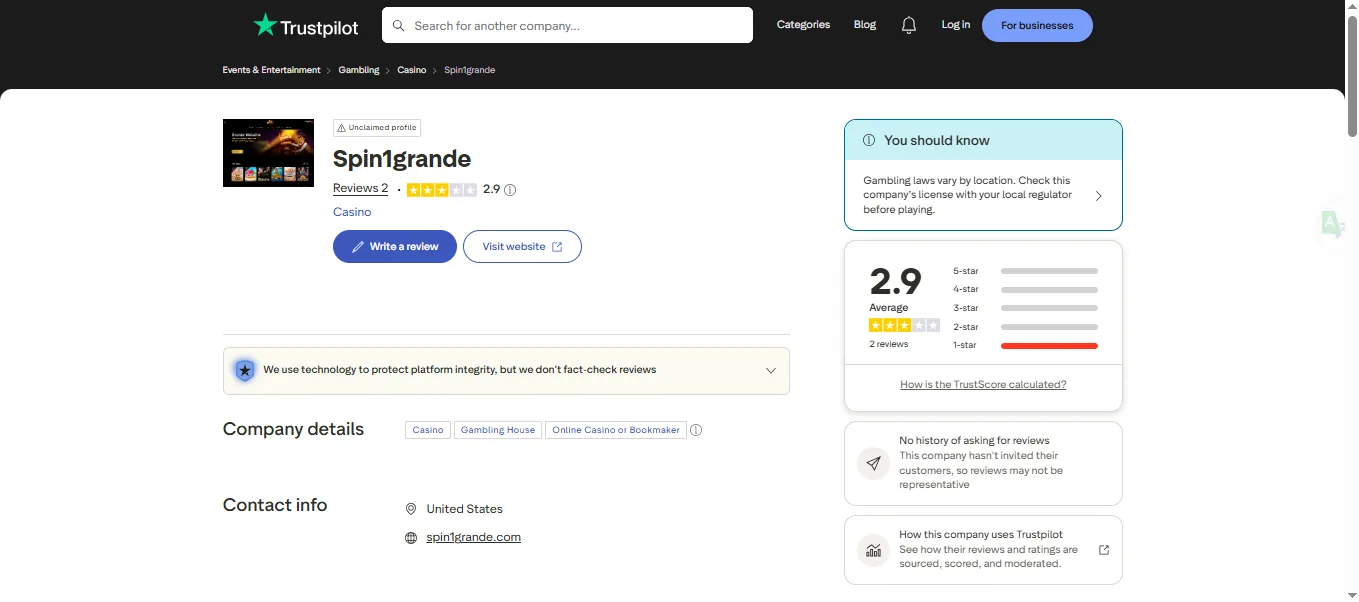 Screenshot of Spin Grande's Trustpilot rating overview