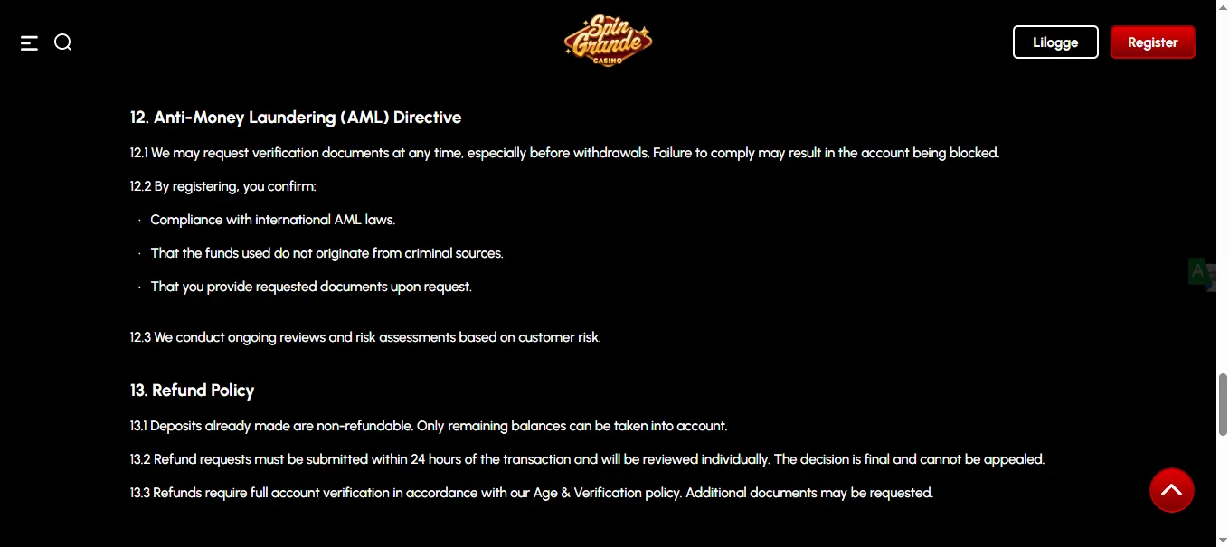 Screenshot of Spin Grande's withdrawal section and limits