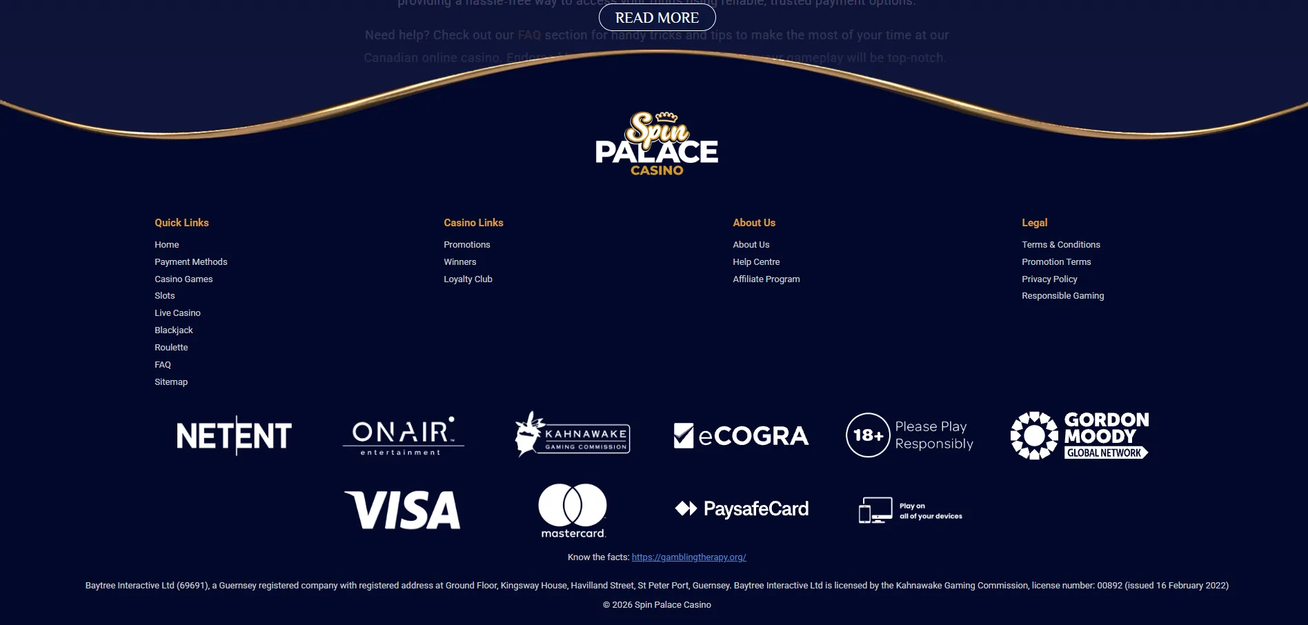 Screenshot of Spin palace's footer licence and regulator details