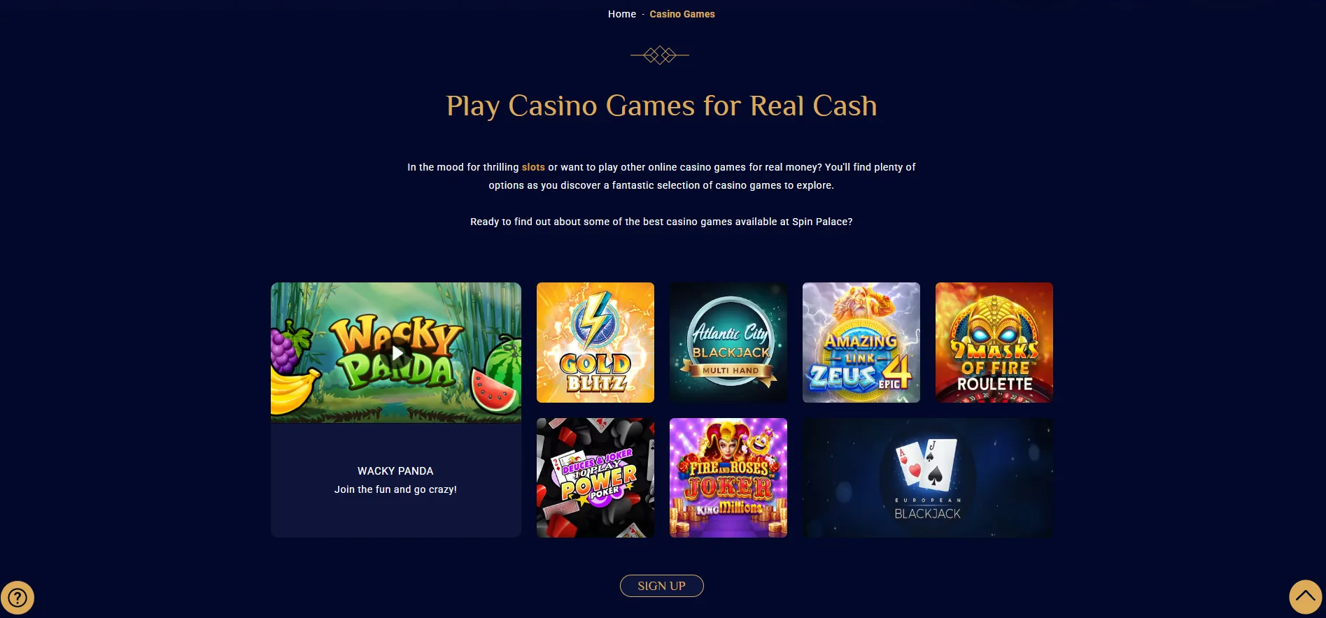 Screenshot of Spin palace's games lobby