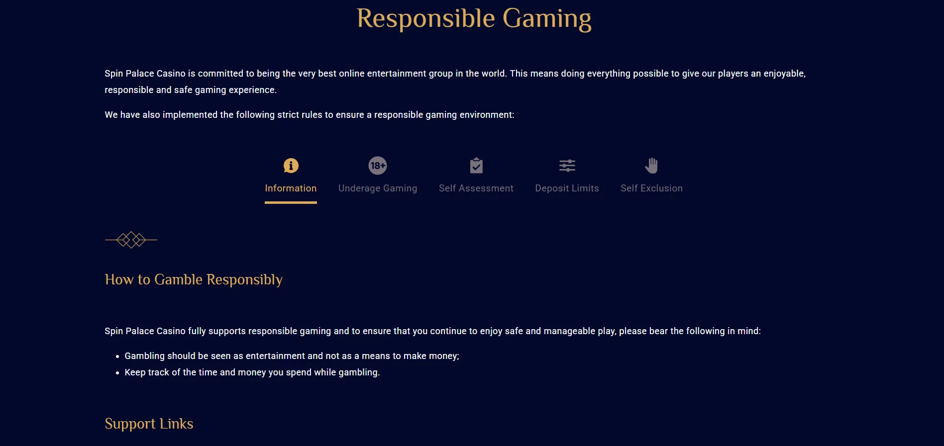 Screenshot of Spin palace's responsible-gambling tools