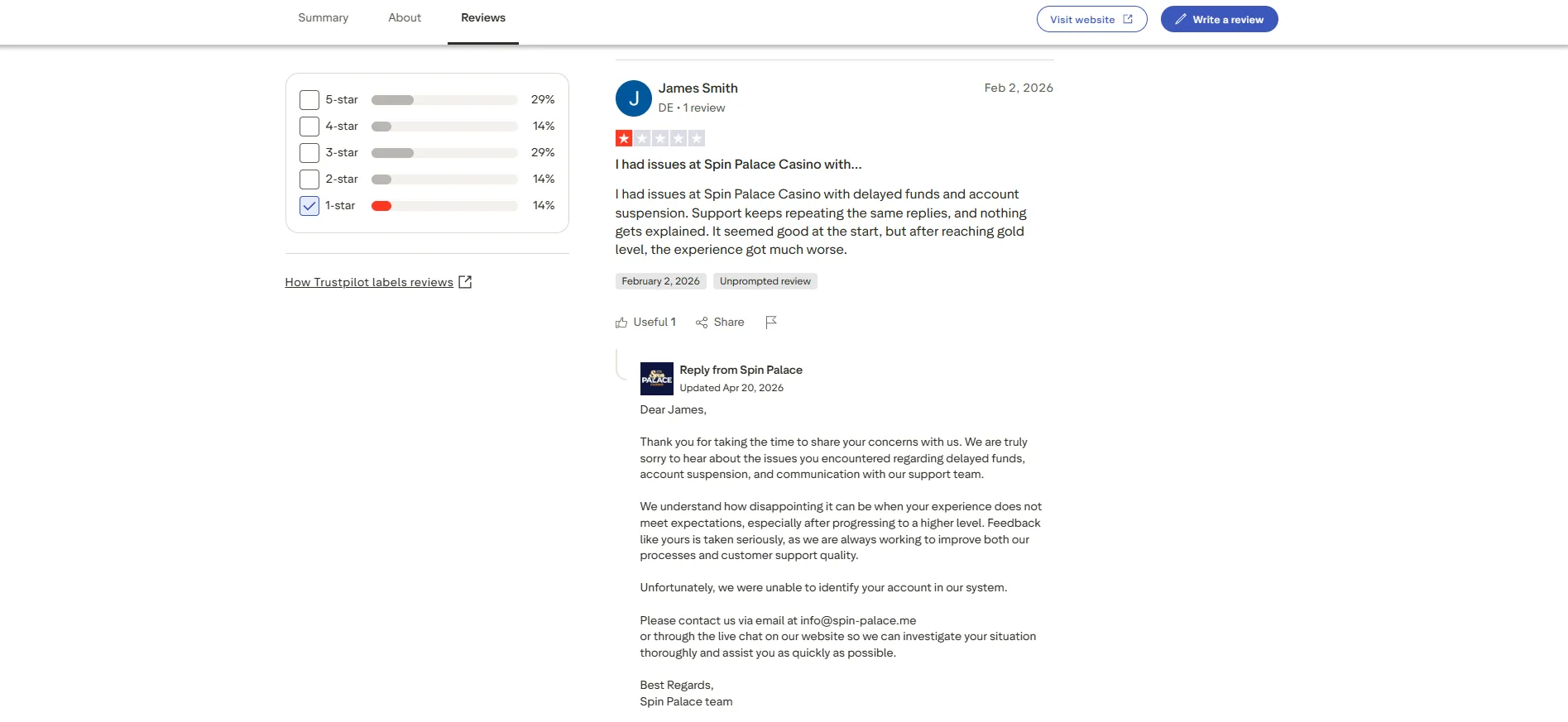 Screenshot of Spin palace's negative Trustpilot review