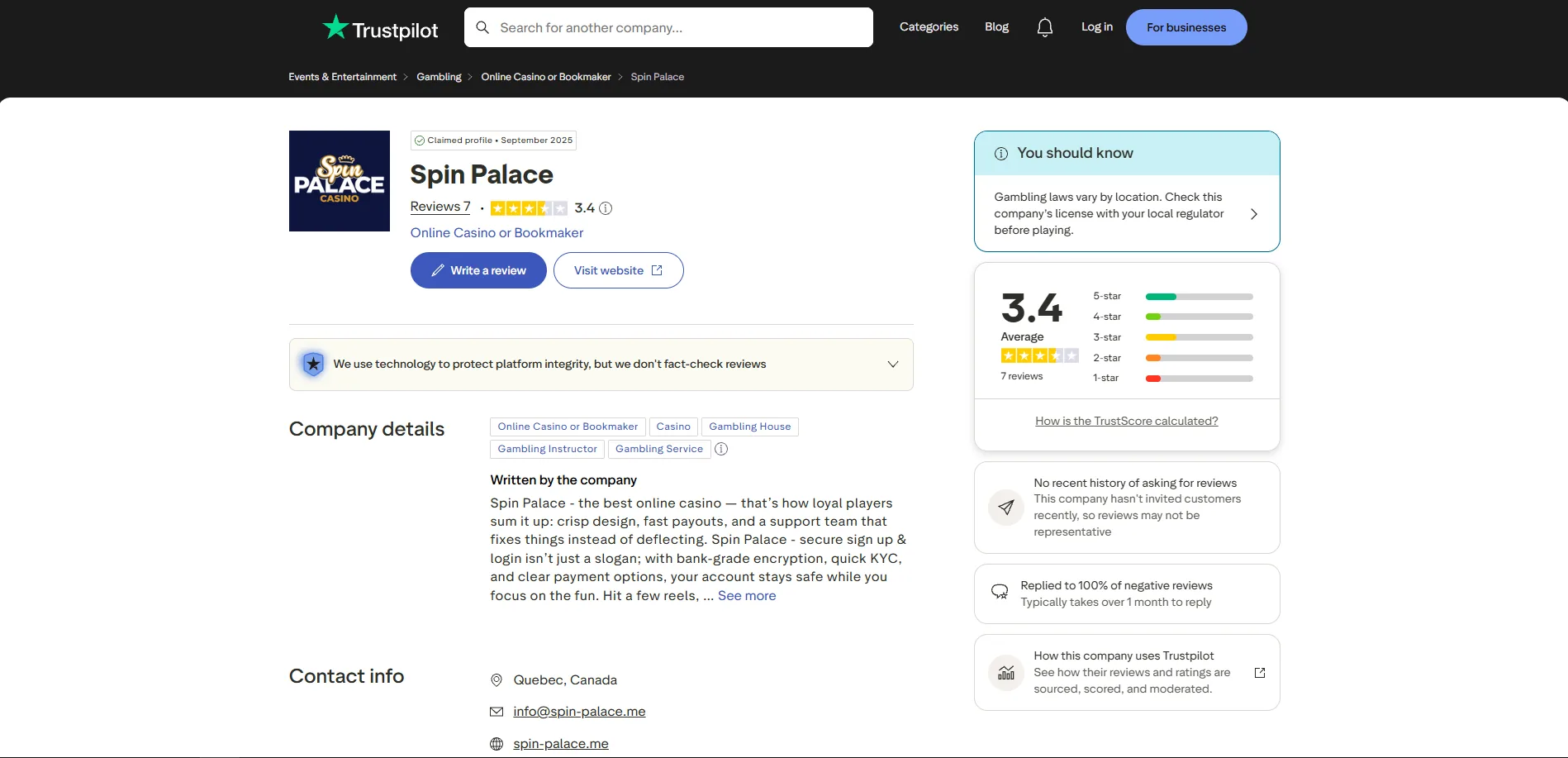 Screenshot of Spin palace's Trustpilot rating overview