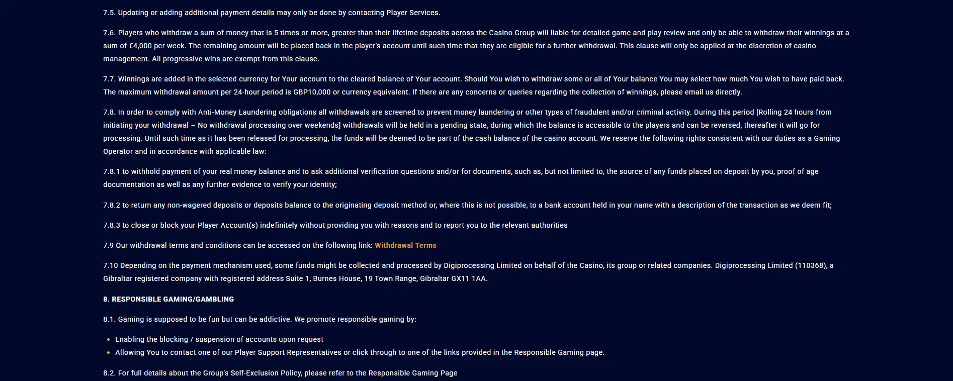 Screenshot of Spin palace's withdrawal section and limits