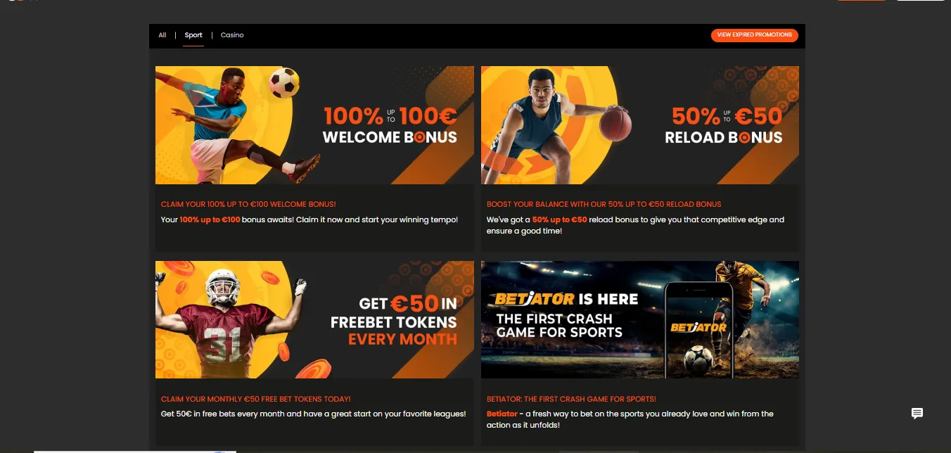 Screenshot of Sport Center Bettin's welcome bonus offer