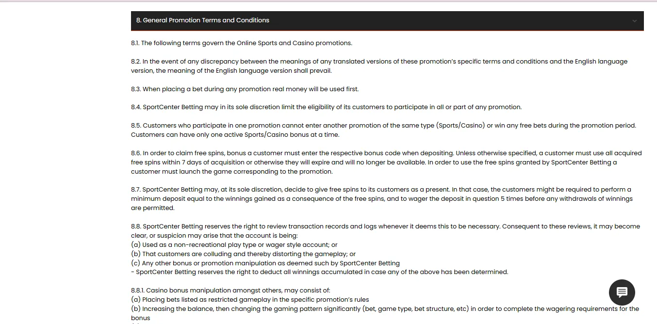 Screenshot of Sport Center Bettin's bonus terms and wagering requirements