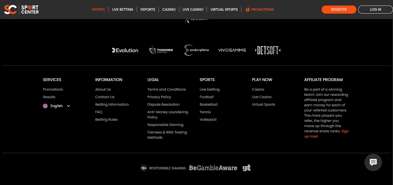 Screenshot of Sport Center Bettin's footer licence and regulator details