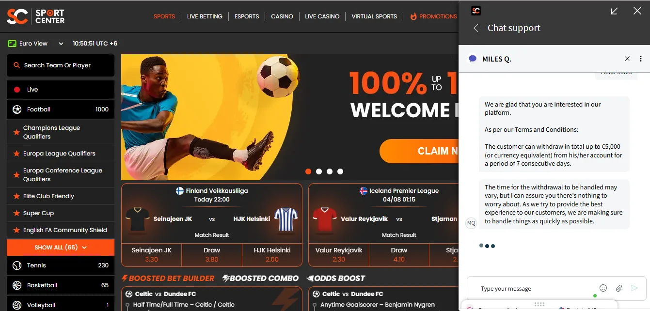 Screenshot of Sport Center Bettin's live chat support window