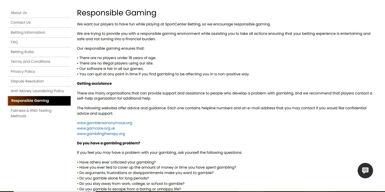 Screenshot of Sport Center Bettin's responsible-gambling tools