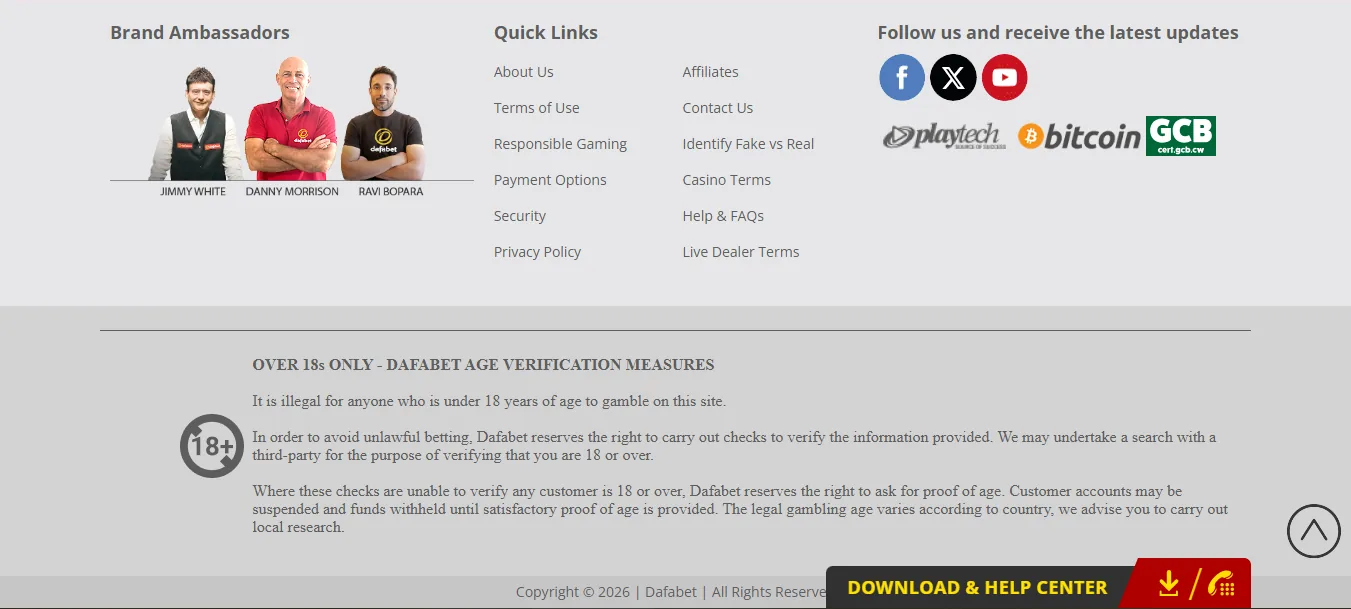 Screenshot of Sport Dafa's footer licence and regulator details