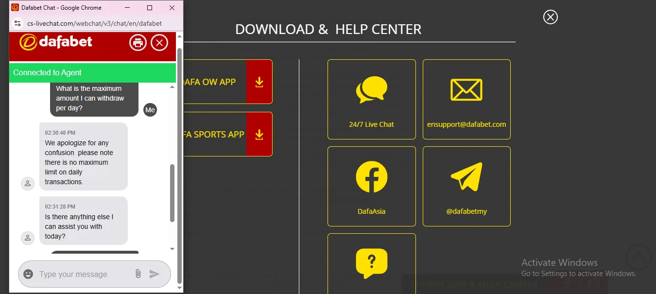 Screenshot of Sport Dafa's live chat support window