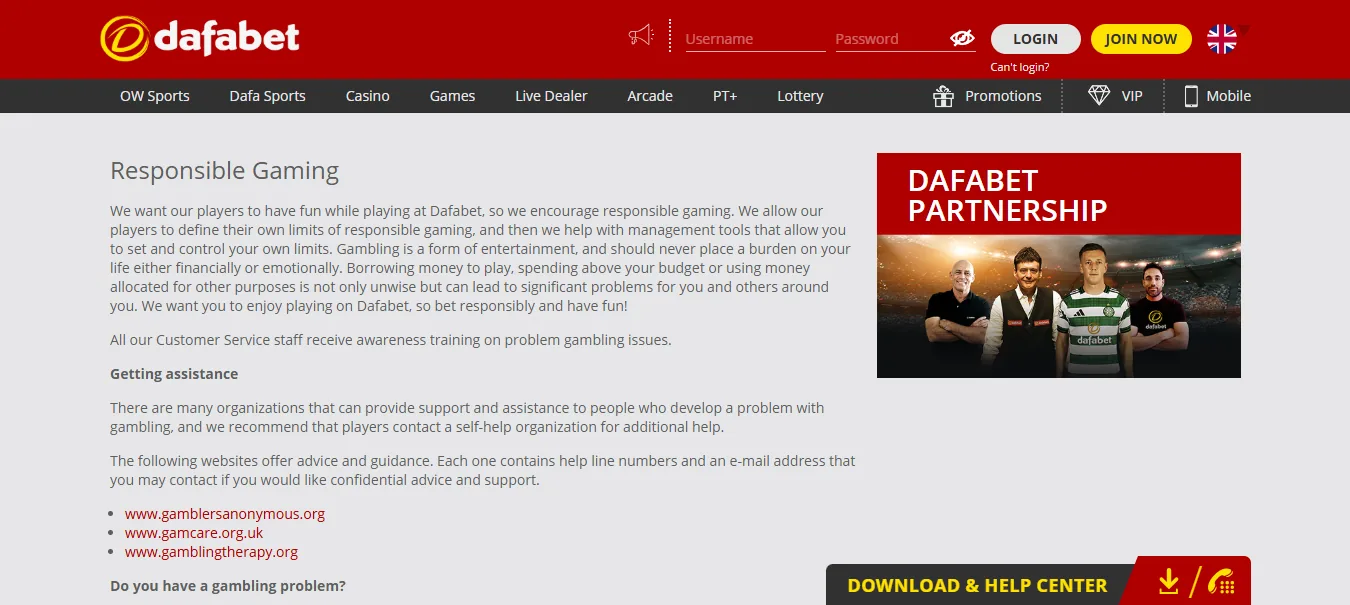 Screenshot of Sport Dafa's responsible-gambling tools