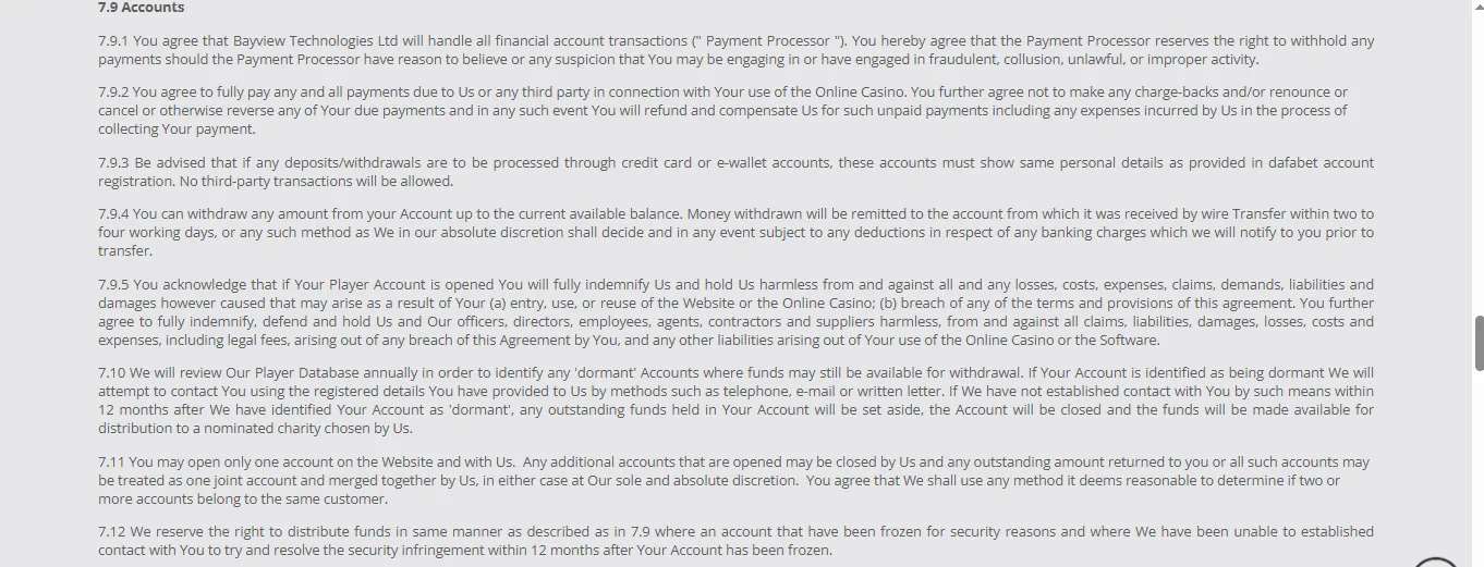 Screenshot of Sport Dafa's withdrawal section and limits