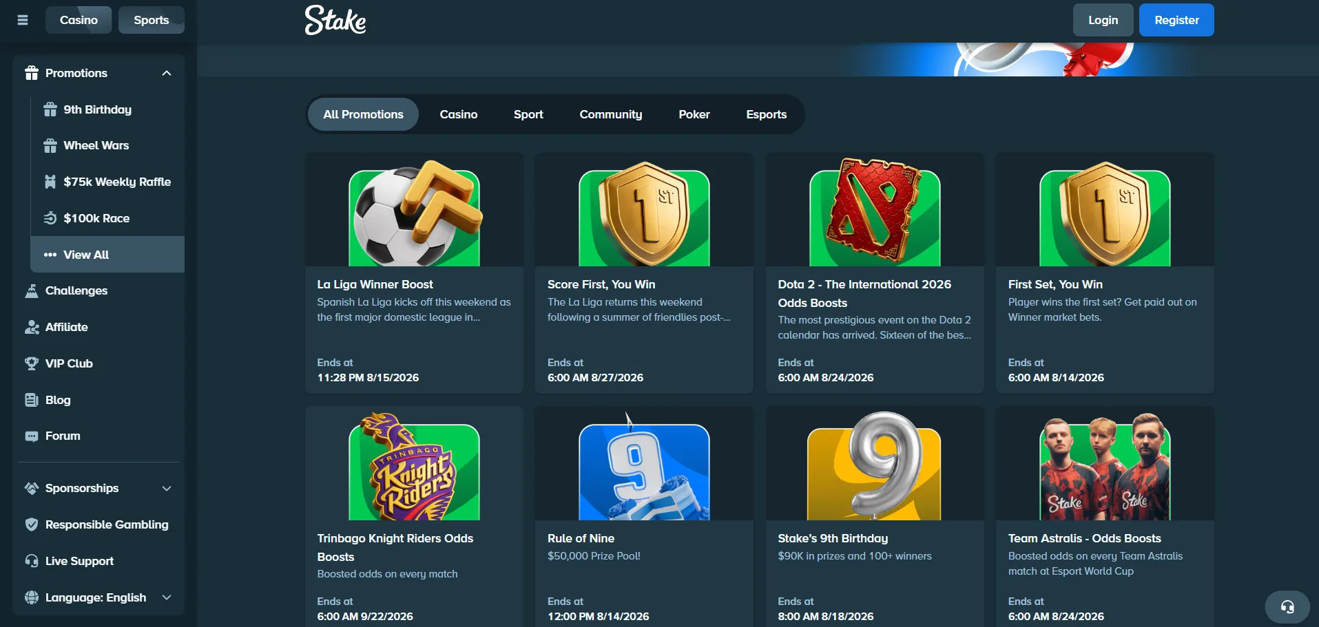 Screenshot of Stake's welcome bonus offer
