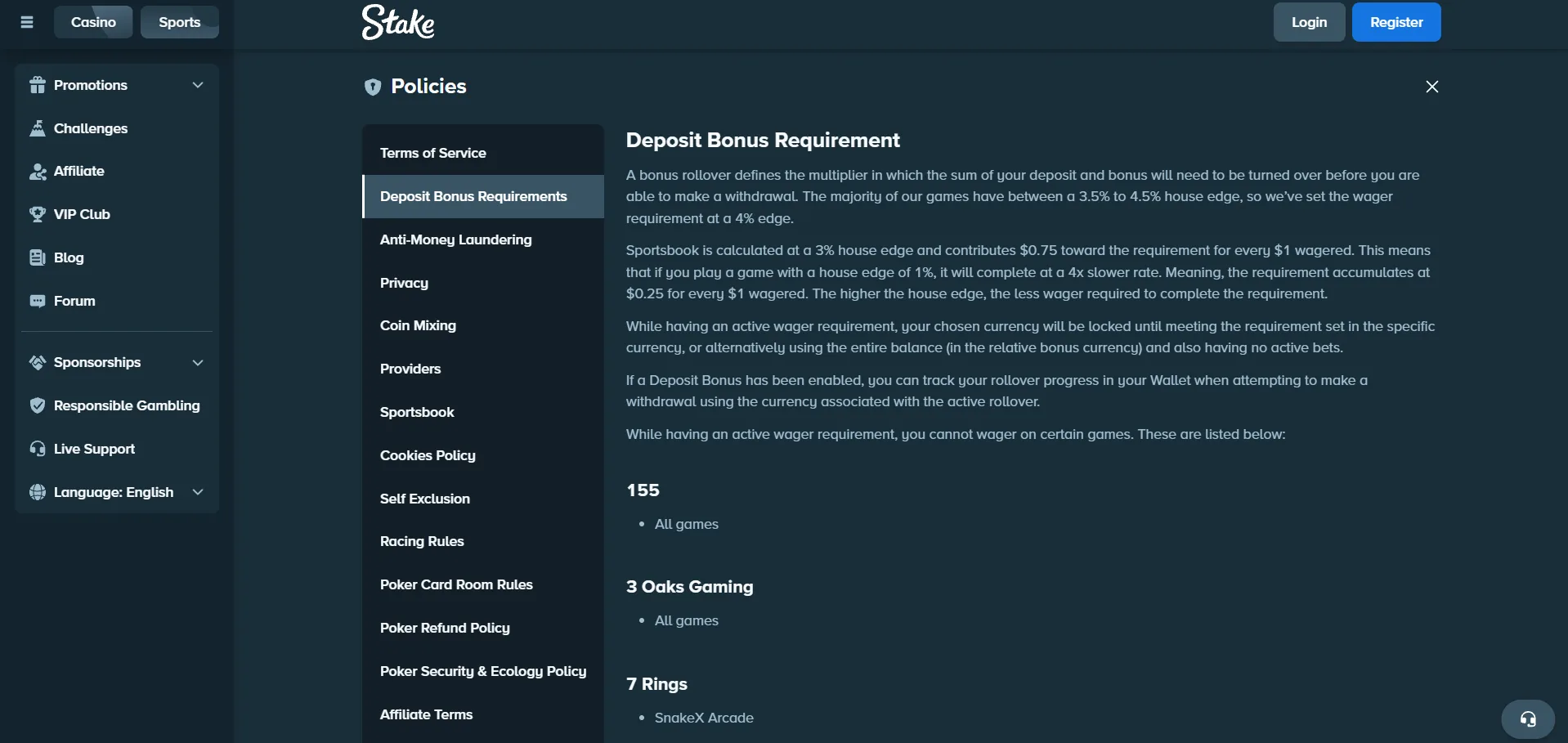 Screenshot of Stake's bonus terms and wagering requirements