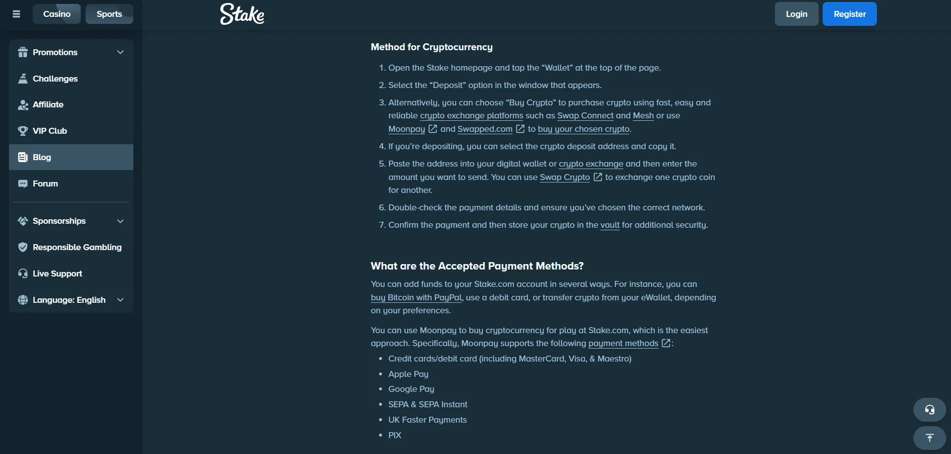 Screenshot of Stake's cashier and payment methods