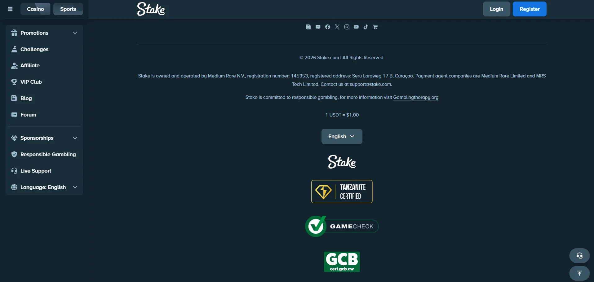 Screenshot of Stake's footer licence and regulator details