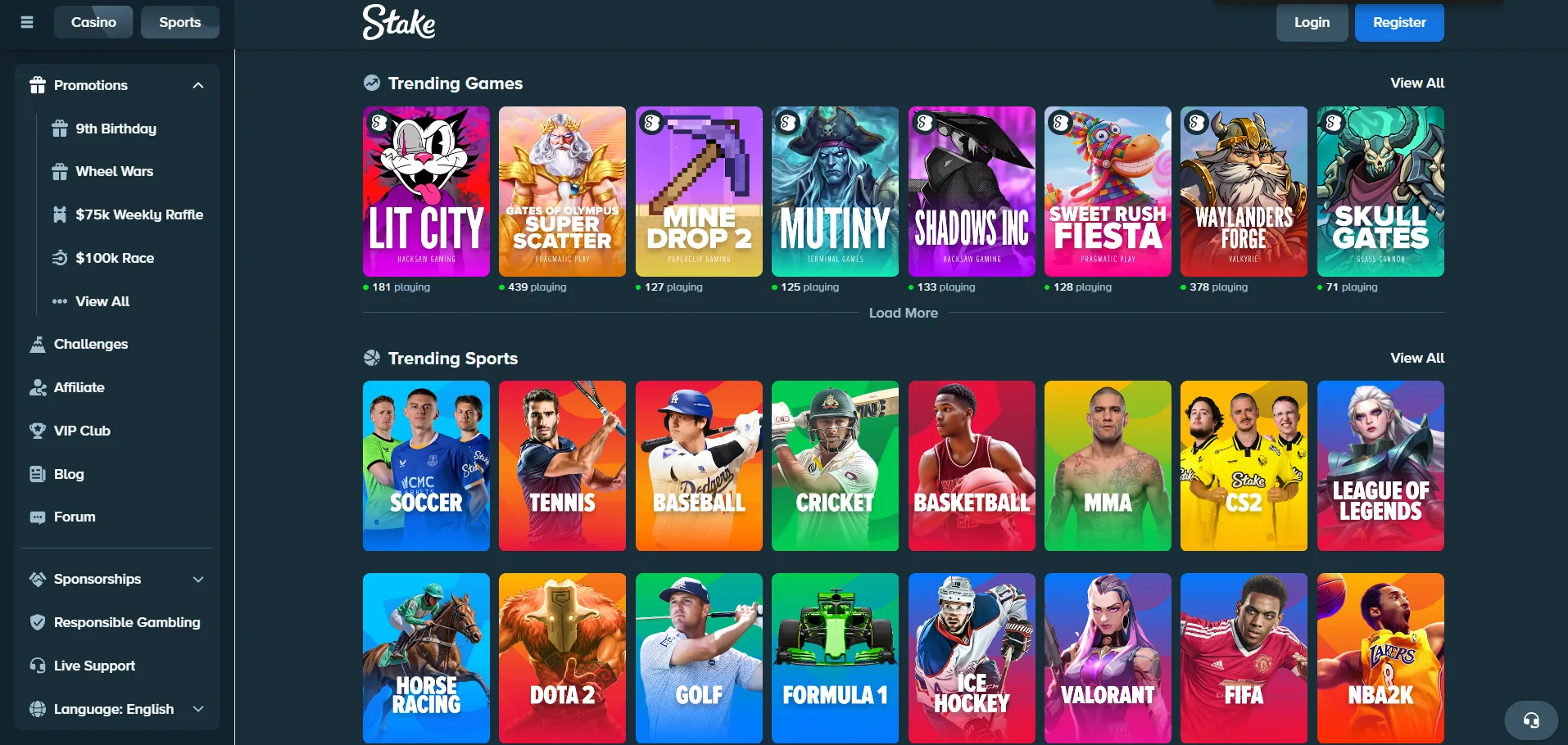 Screenshot of Stake's games lobby