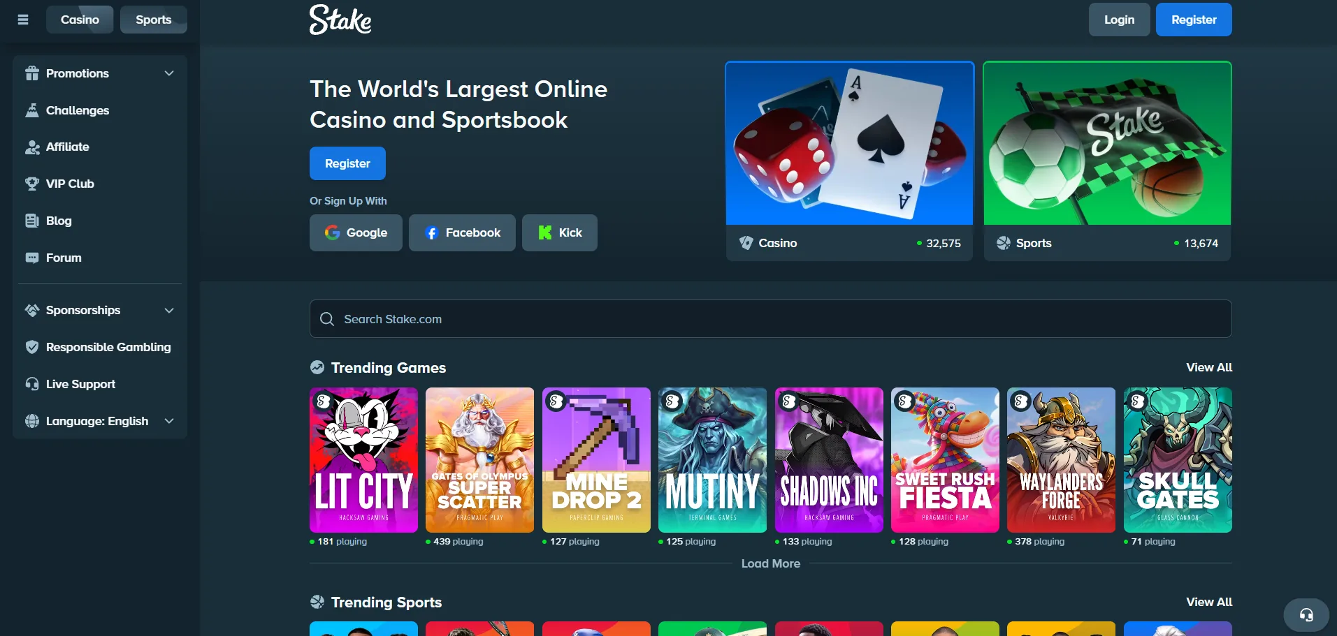 Screenshot of Stake's homepage