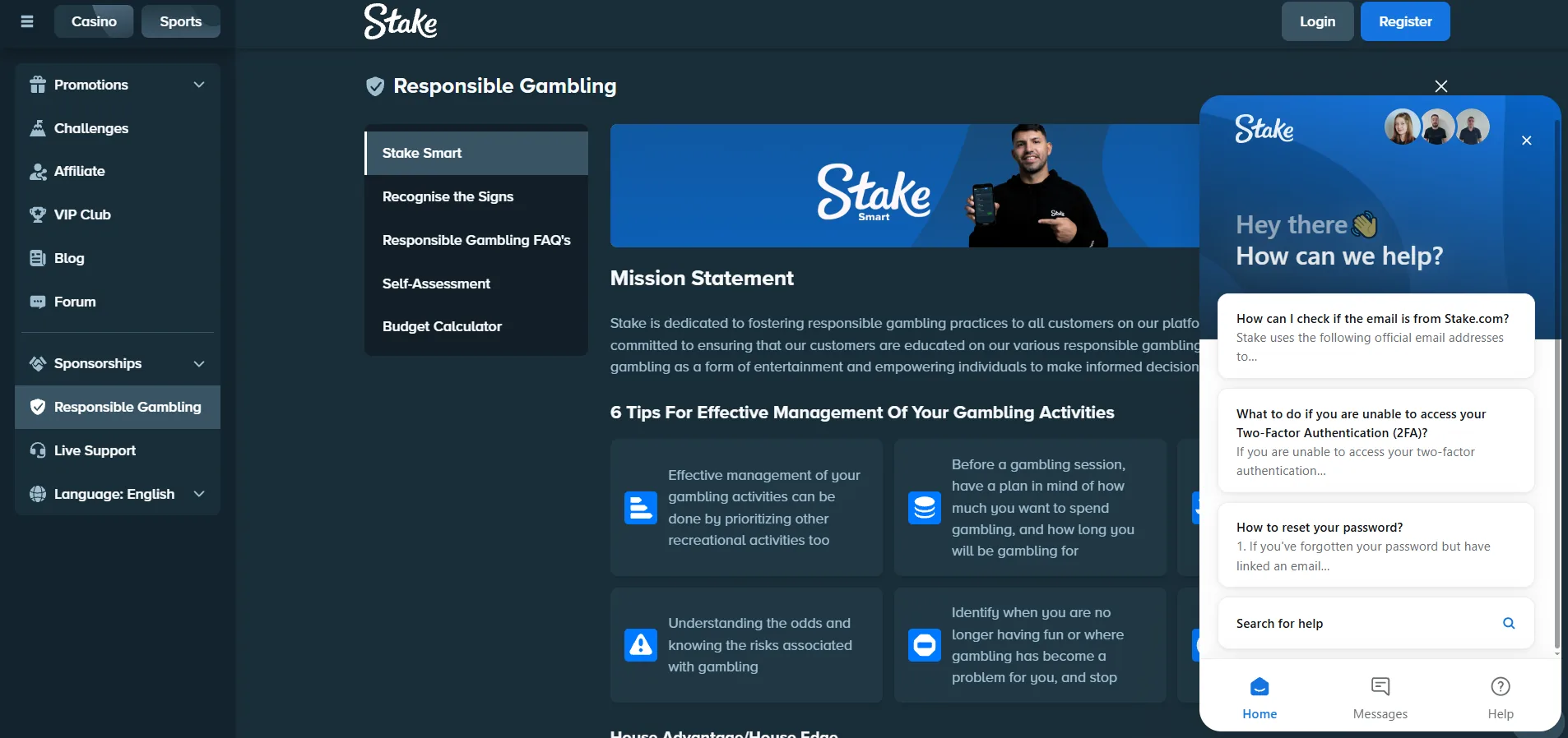 Screenshot of Stake's live chat support window
