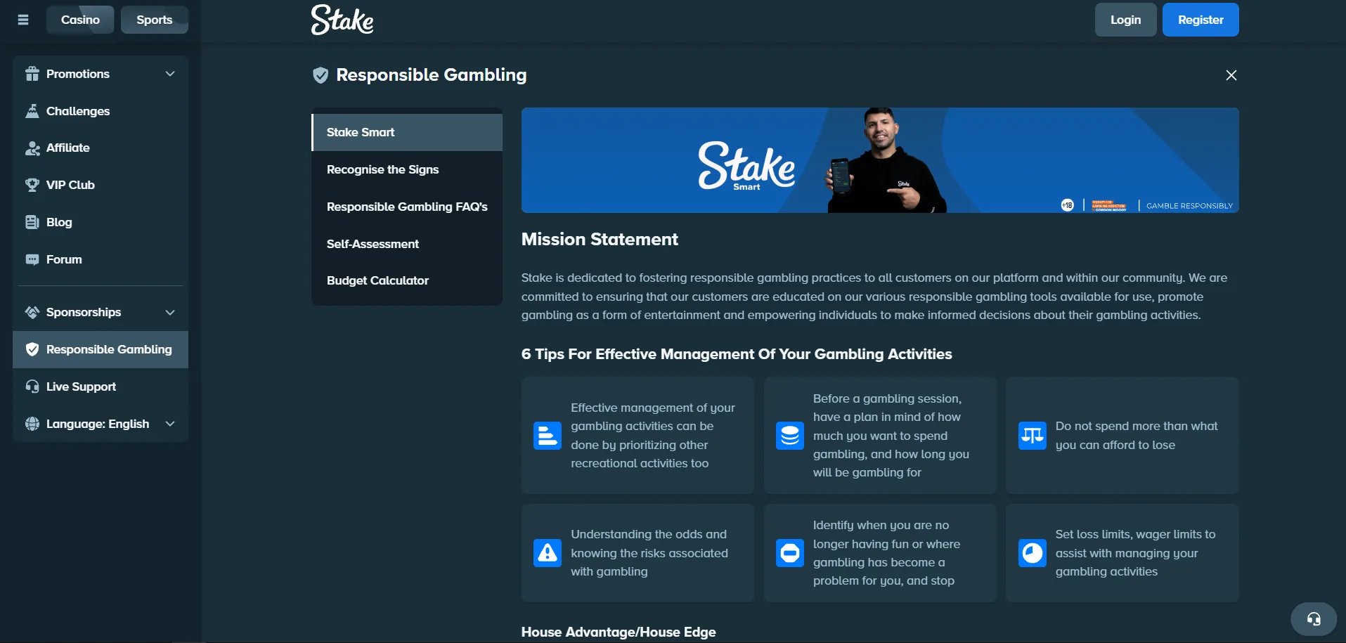 Screenshot of Stake's responsible-gambling tools