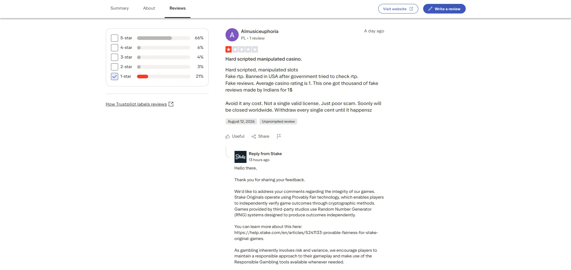 Screenshot of Stake's negative Trustpilot review