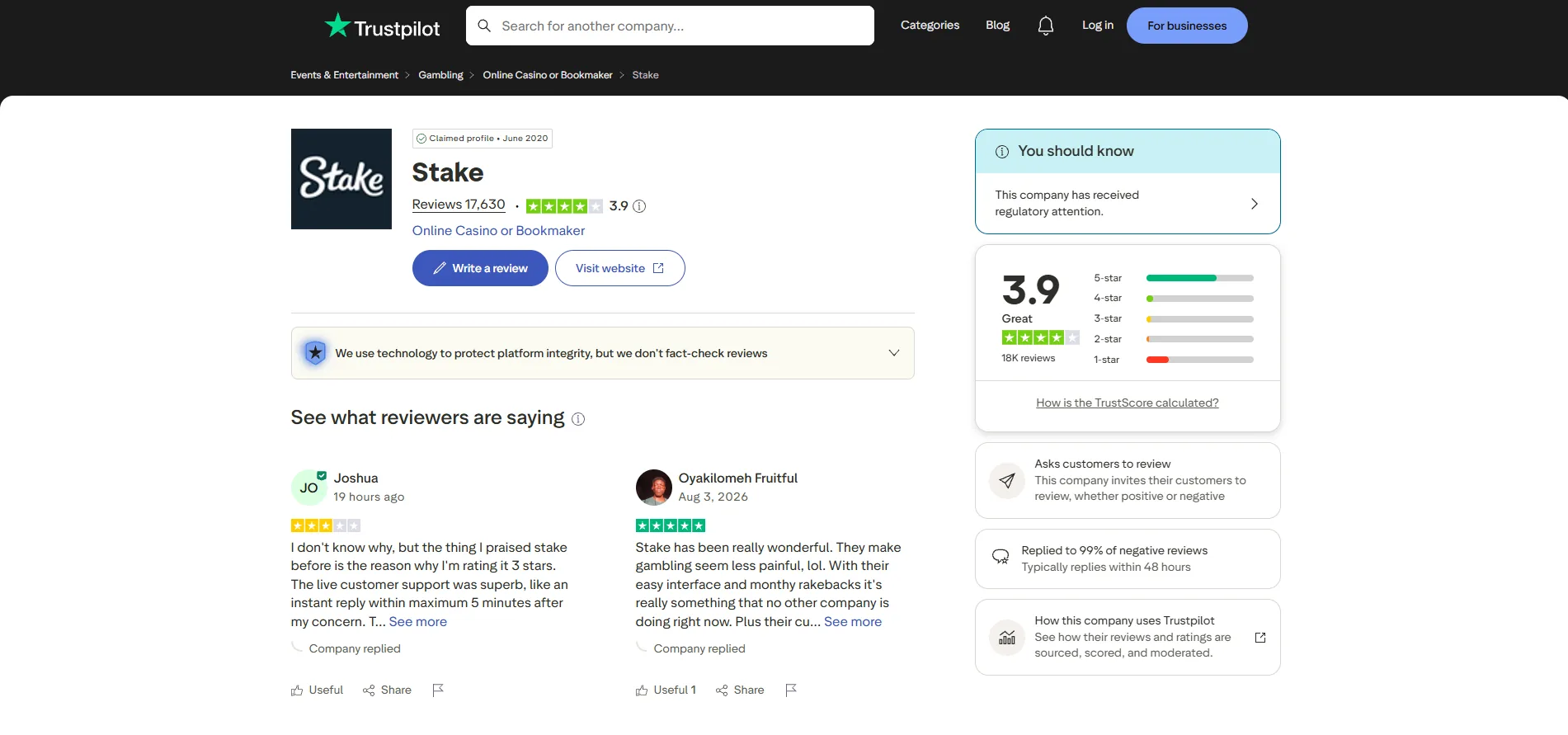 Screenshot of Stake's Trustpilot rating overview