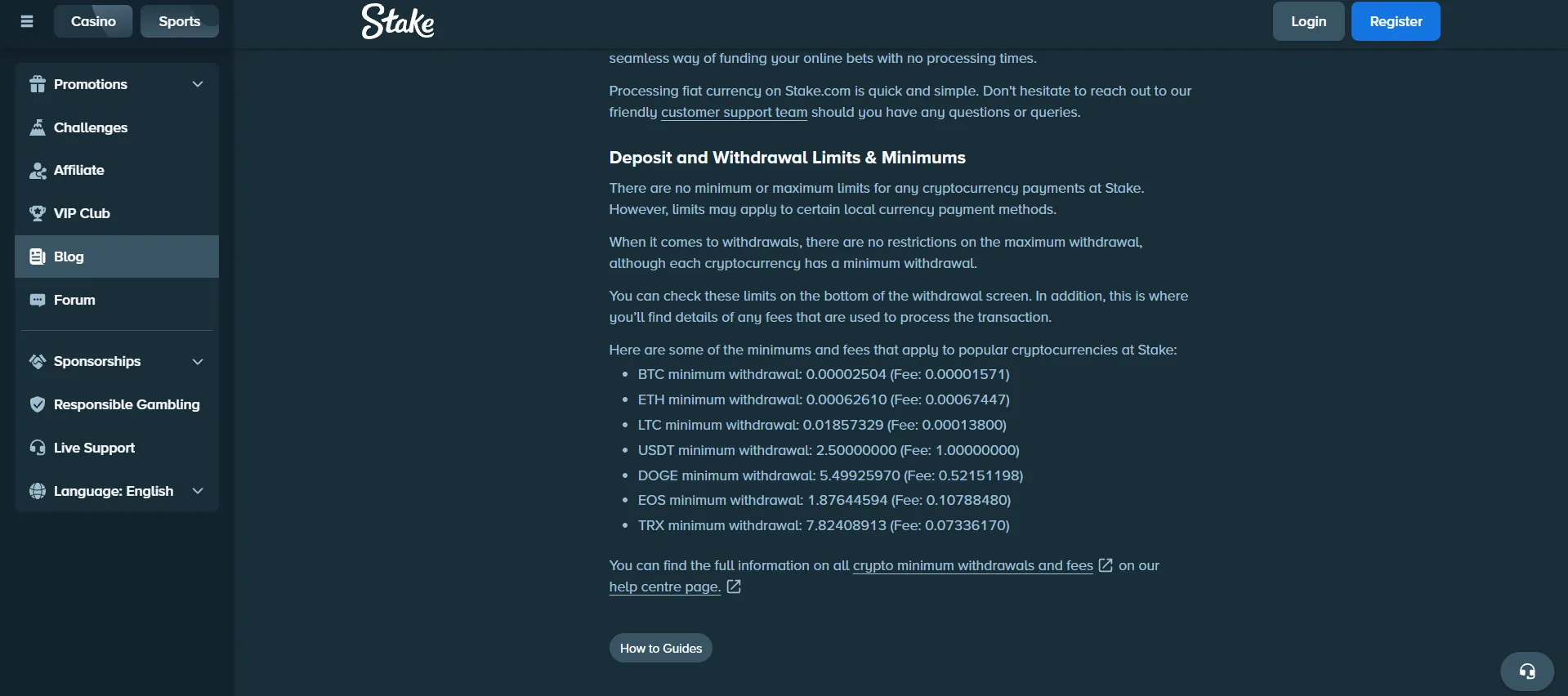 Screenshot of Stake's withdrawal section and limits