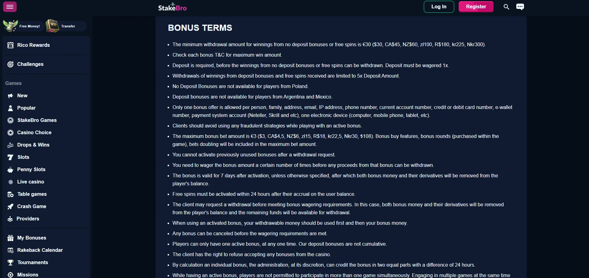 Screenshot of Stake Bro's bonus terms and wagering requirements