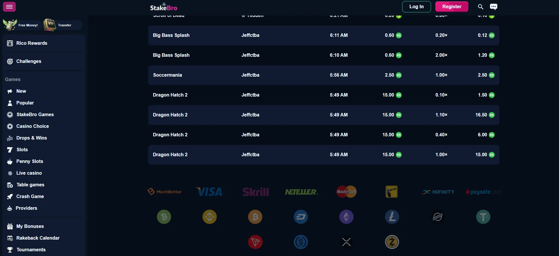 Screenshot of Stake Bro's cashier and payment methods