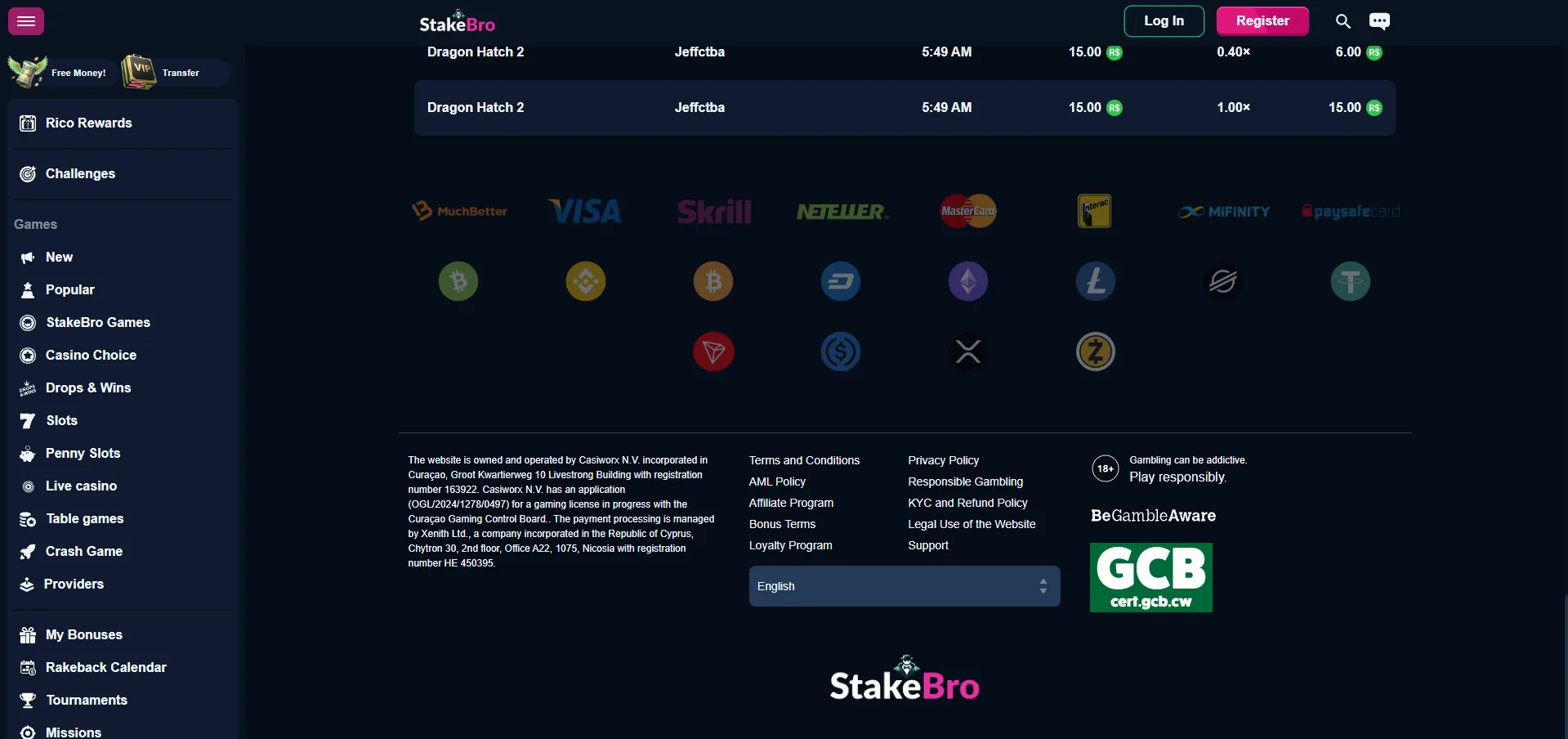 Screenshot of Stake Bro's footer licence and regulator details