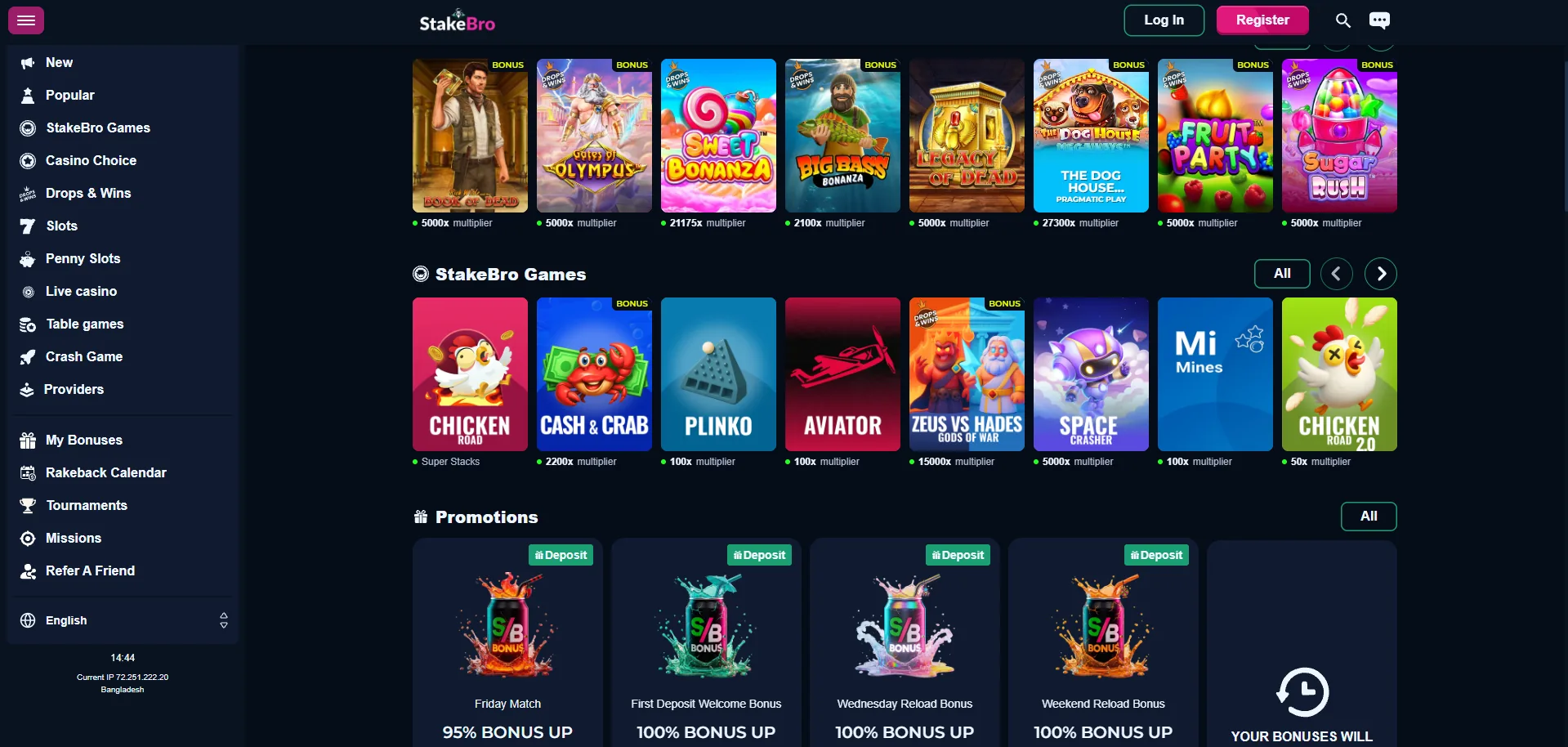 Screenshot of Stake Bro's games lobby