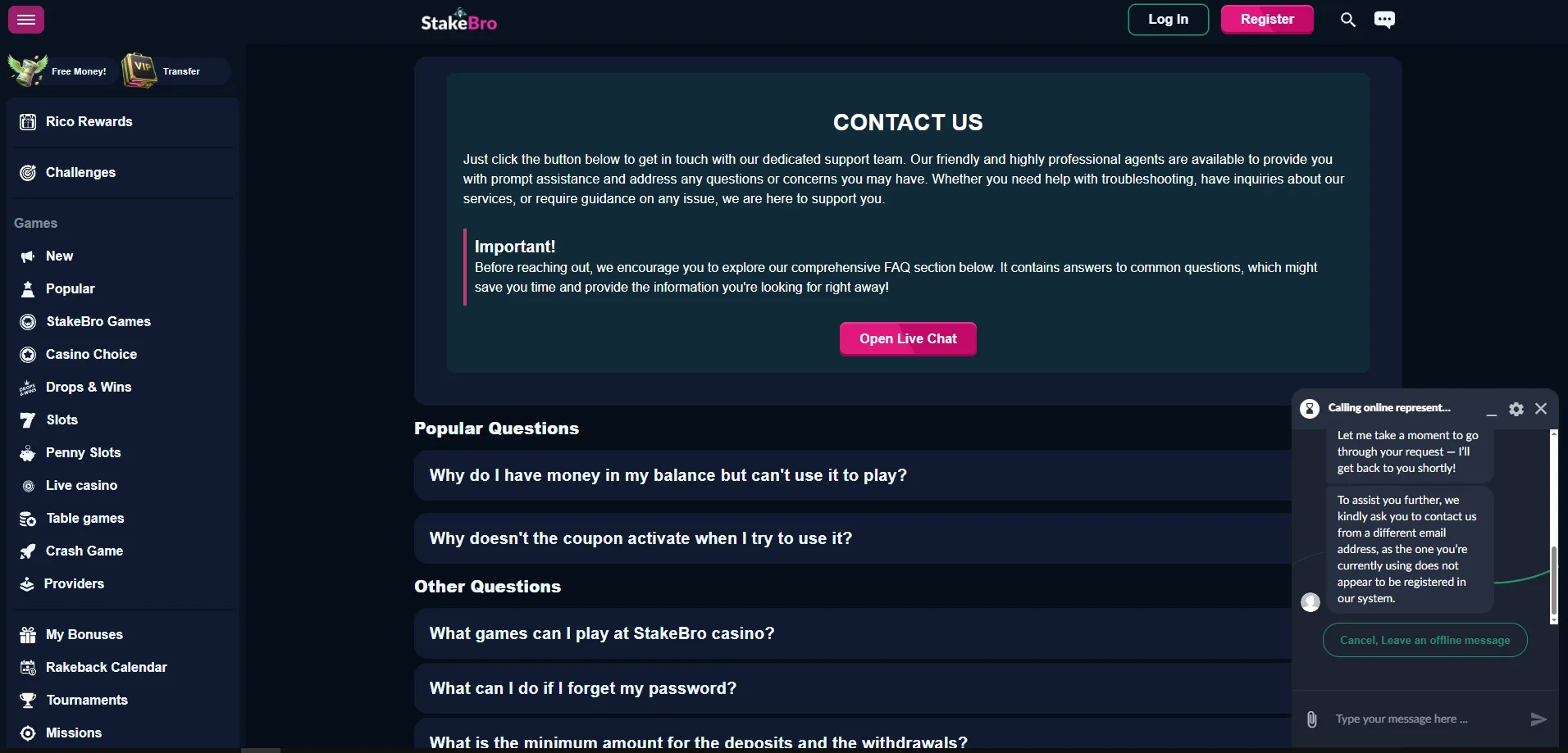 Screenshot of Stake Bro's live chat support window