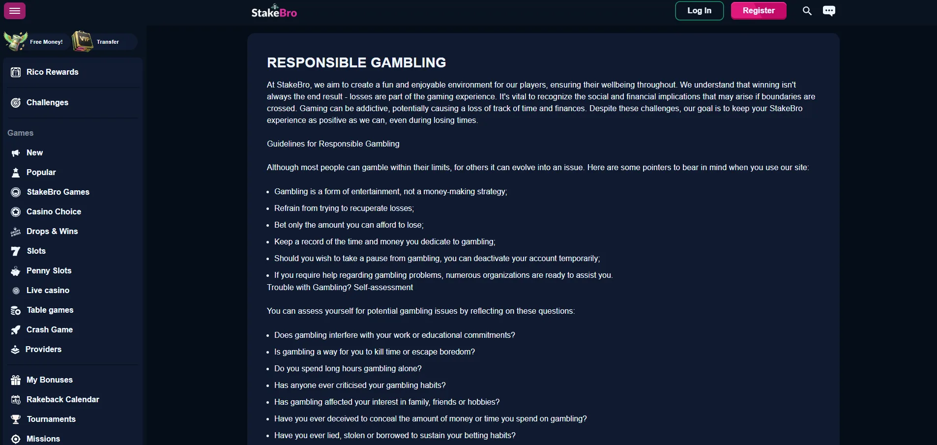 Screenshot of Stake Bro's responsible-gambling tools