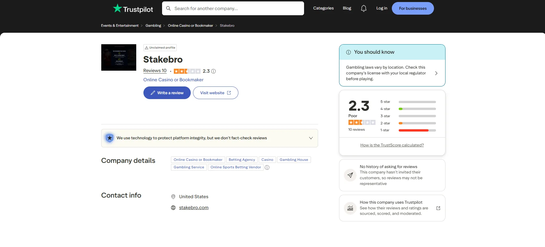 Screenshot of Stake Bro's Trustpilot rating overview