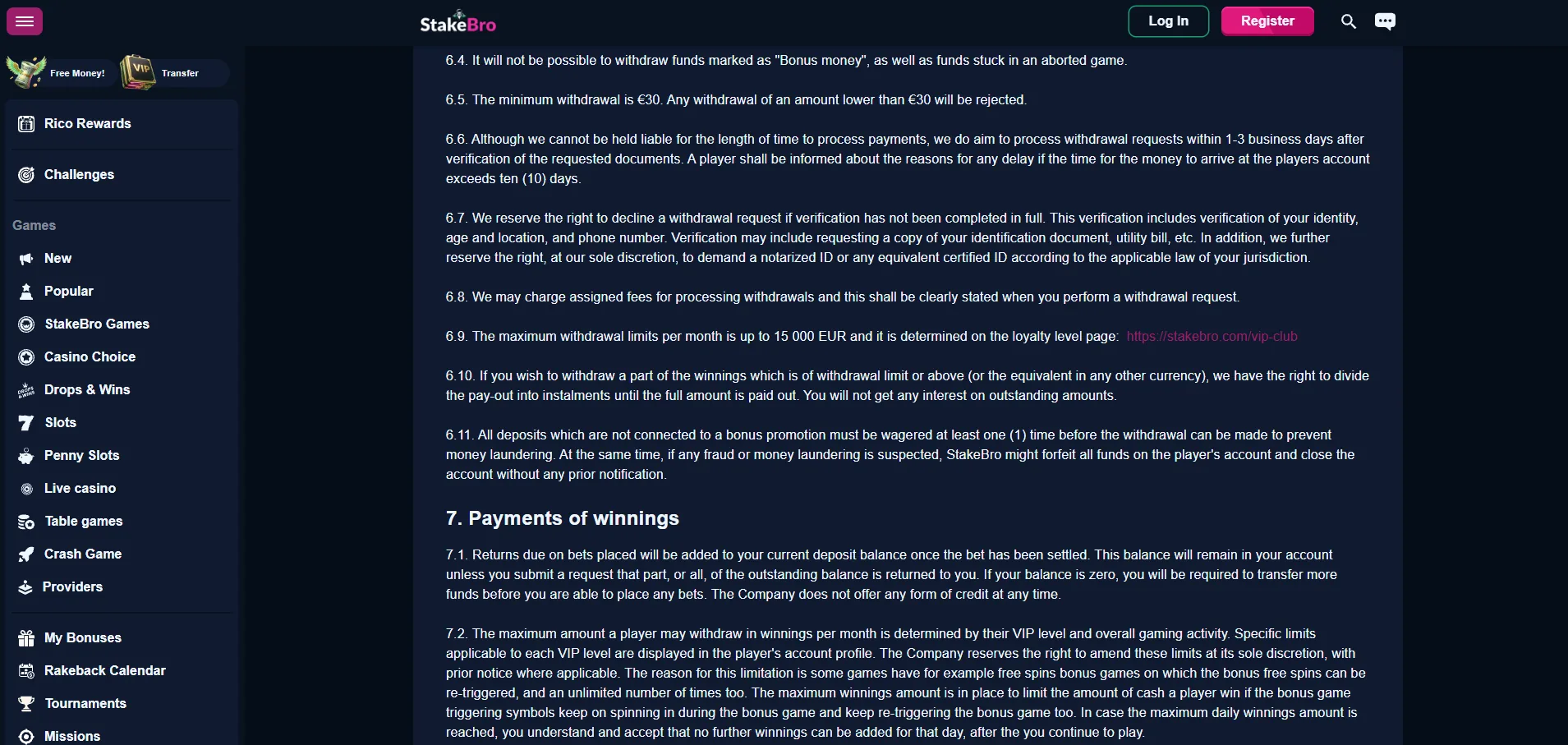 Screenshot of Stake Bro's withdrawal section and limits