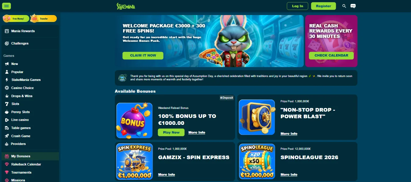 Screenshot of StakeMania's welcome bonus offer