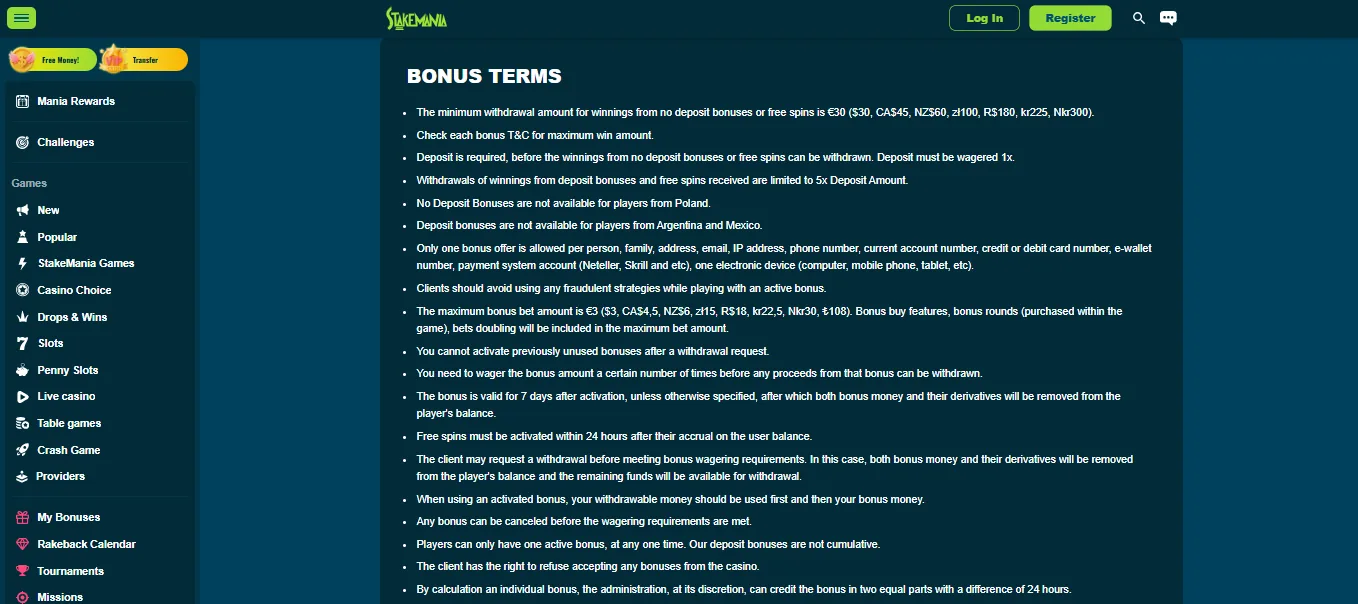 Screenshot of StakeMania's bonus terms and wagering requirements