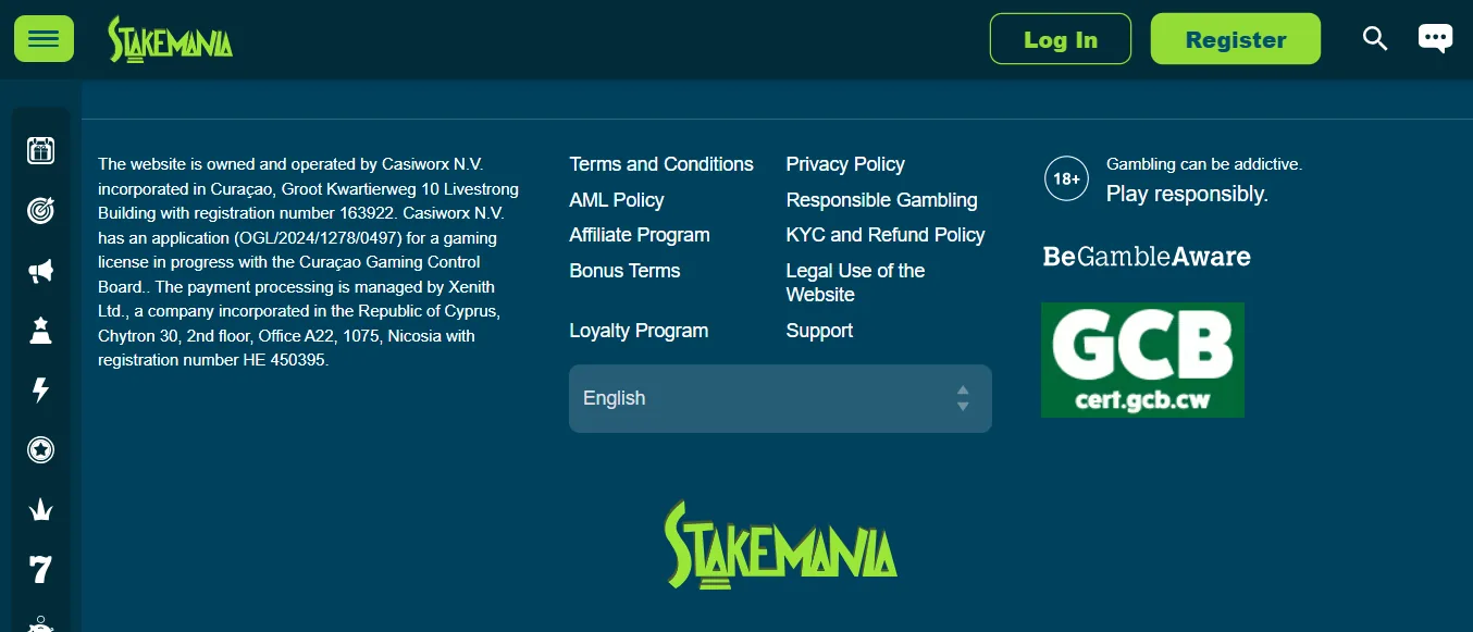 Screenshot of StakeMania's footer licence and regulator details