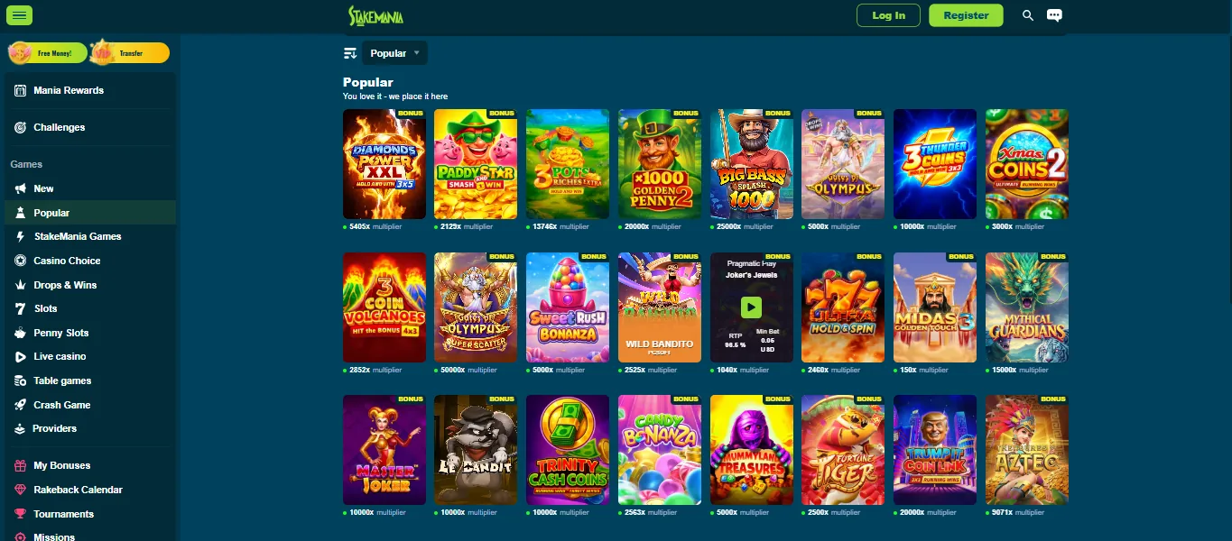 Screenshot of StakeMania's games lobby