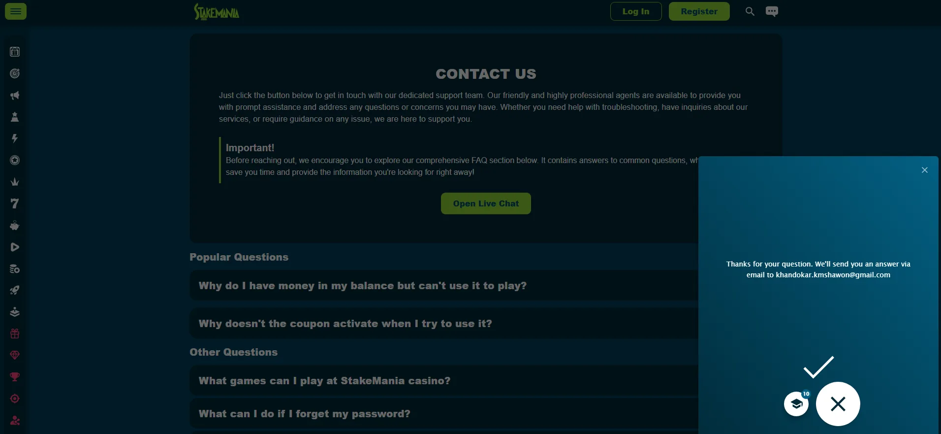 Screenshot of StakeMania's live chat support window