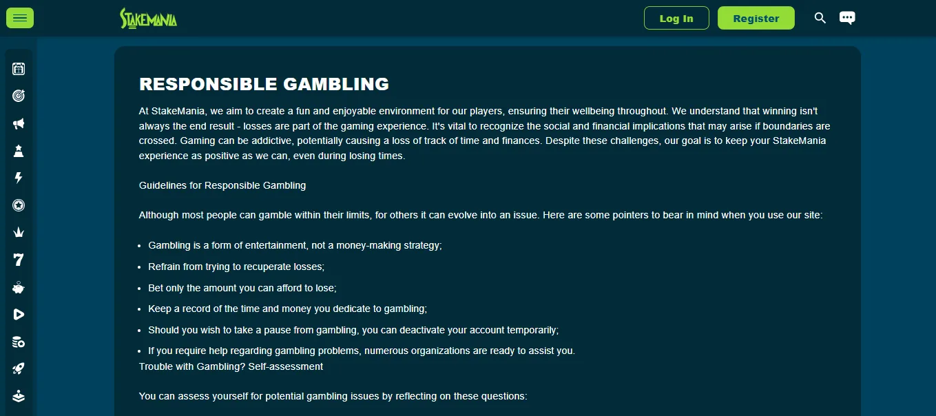 Screenshot of StakeMania's responsible-gambling tools